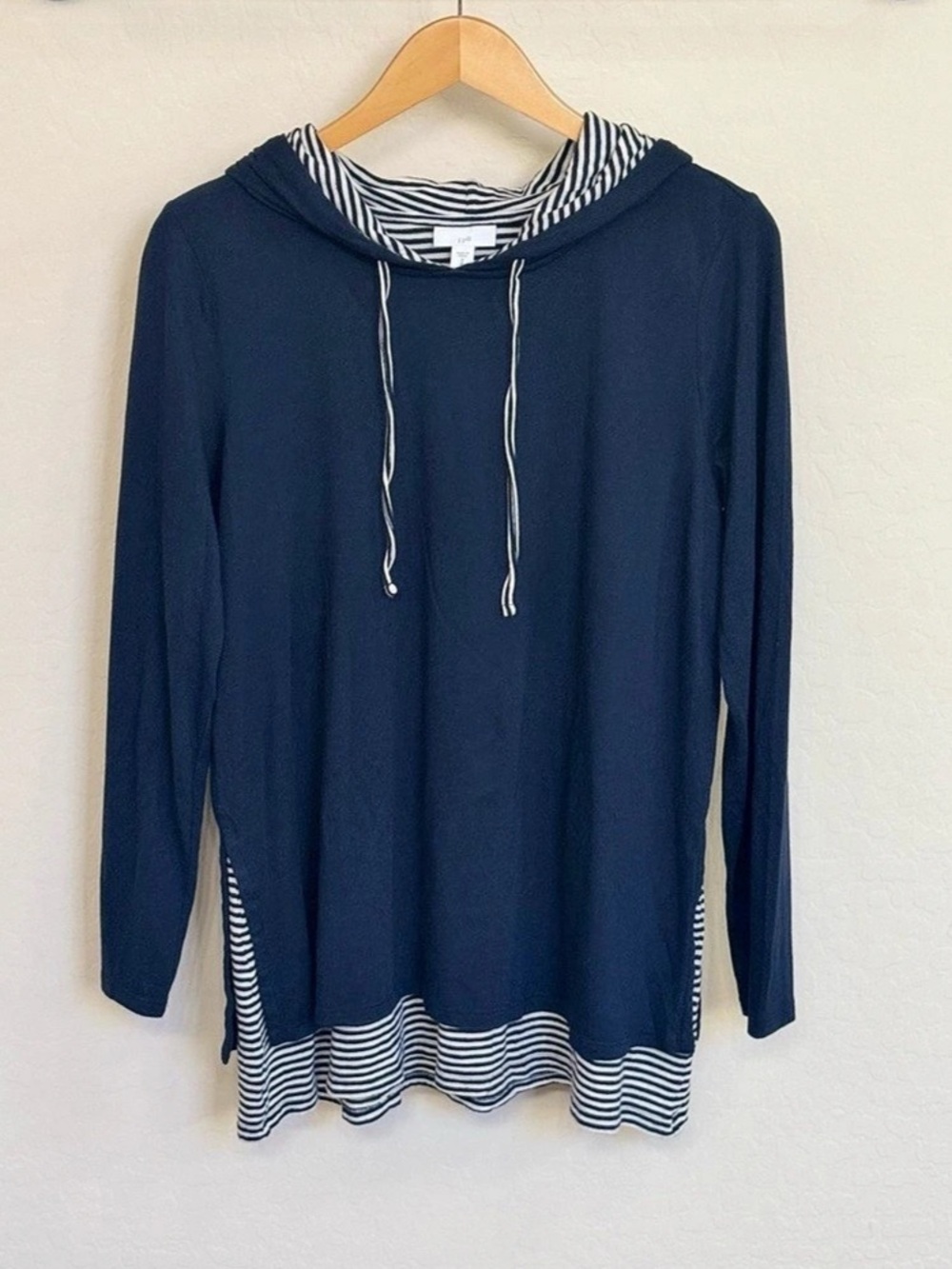 J. Jill Navy Blue Layered Hooded Pullover Top Striped Trim Size M